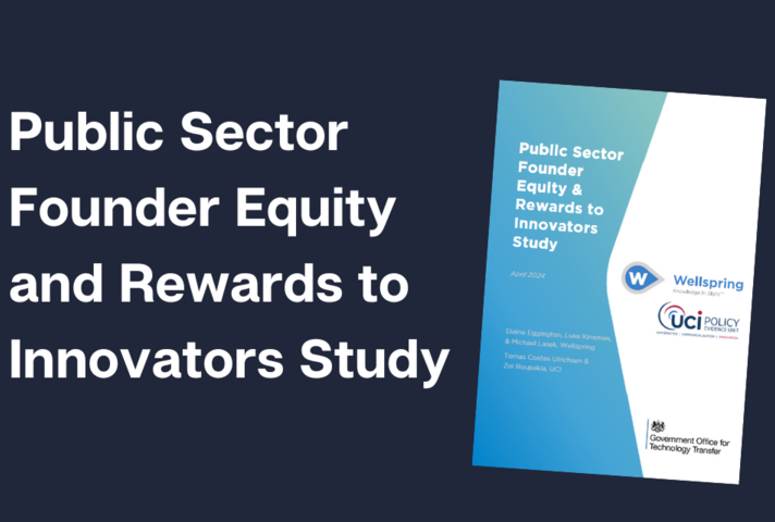 A blue background with white text that reads 'Public Sector Founder Equity and Rewards to Innovators Study' with an image of the front cover of the study on the right hand side of the blue background.