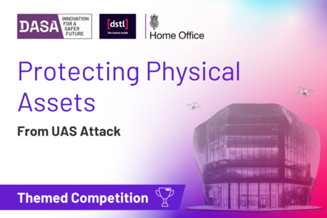 A multicoloured background with text and an image in holding shapes on either side. On the left the text reads 'Protecting Physical Assets from UAS attach'. On the right is an image of a building with a protective netting over it and drones hovering.