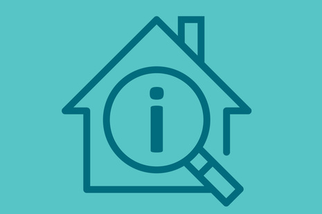 Vector drawing of house with a magnifying glass on a teal background