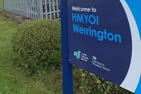 image of the sign outside the gate of HMYOI Werrington, reads 'Welcome to HMYOI Werrington' with the YCS and HMPPS logos underneath