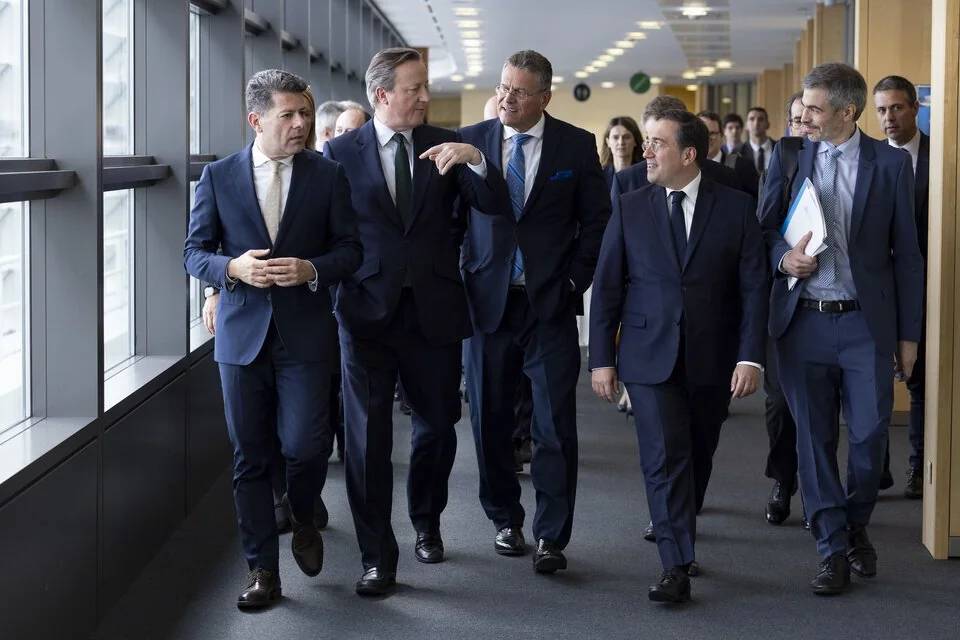 Foreign Secretary David Cameron, with European Commission Executive Vice-President Maroš Šefčovič, Spanish Minister of Foreign Affairs Jose Manuel Albares and Gibraltar Chief Minister Fabian Picardo, at the European Commission in Brussels. 