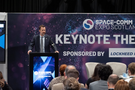 UK Space Agency CEO Dr Paul Bate speaking at Space Comm Expo Scotland.