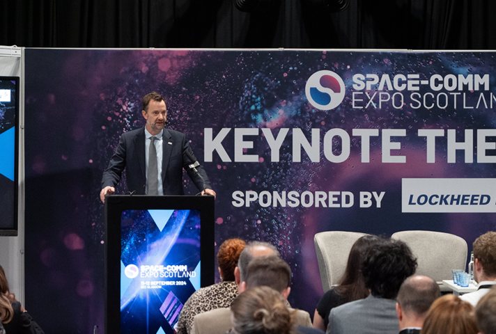 UK Space Agency CEO Dr Paul Bate speaking at Space Comm Expo Scotland.