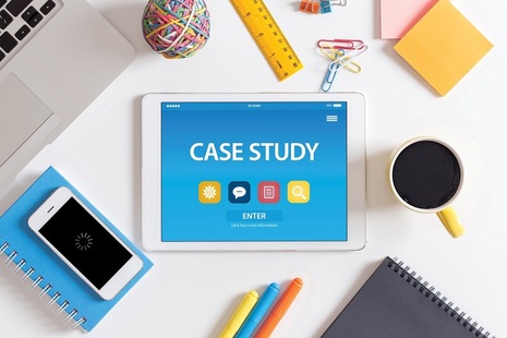 The words 'case study' on the front of an electronic tablet. Credit: Shutterstock.