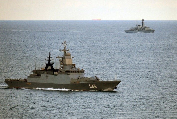 HMS Iron Duke shadows RFS Stoiky in the English channel