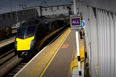 Station CCTV image of the train slowing down at Peterborough platform 1 following the overspeeding incident (courtesy of LNER).