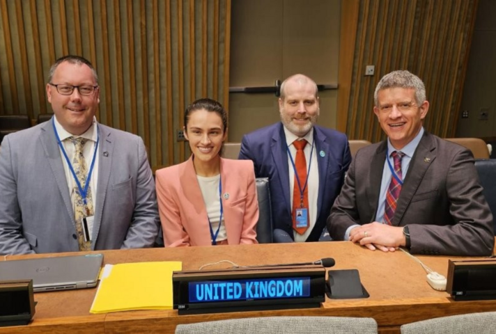 UK Delegation to the Fourteenth Session of the UN Committee of Experts on Global Geospatial Information Management. L>R James Norris (OS), Isabella McGuinness (GC), Jamie Clark (GC), David Henderson, Head of Delegation (OS)