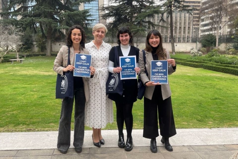 HMA Louise de Sousa with three Chevening Scholarships recipients