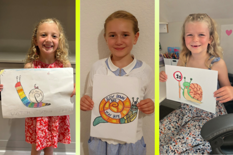 The three winners of the Sellafield 'Sam the Snail' safety road sign competition with their winning snail drawings