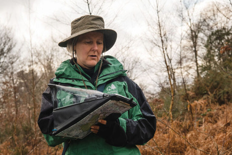 A woman in a Foresty Commission fleece writes in a clipboard in a forest.