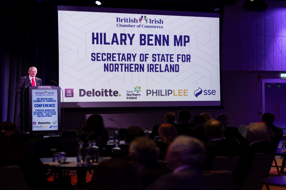 Secretary of State Hilary Benn speaking at the BICC in Dublin