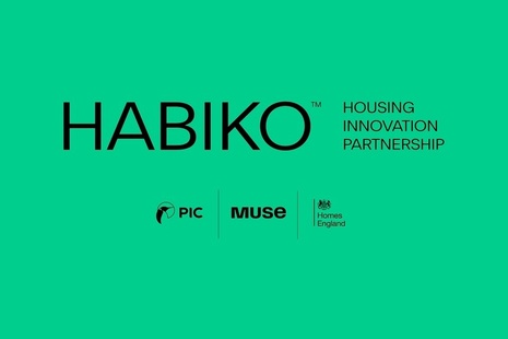 A green backed image with Habiko Housing Innovation Partnership in black text at the top. Beneath that are: PIC, Muse and Homes England logos in black all beside each other.