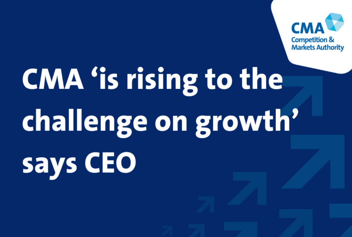 white text on blue background, text reads: CMA ‘is rising to the challenge on growth’ says CEO