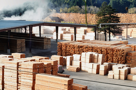 A timber yard with stacked planks.