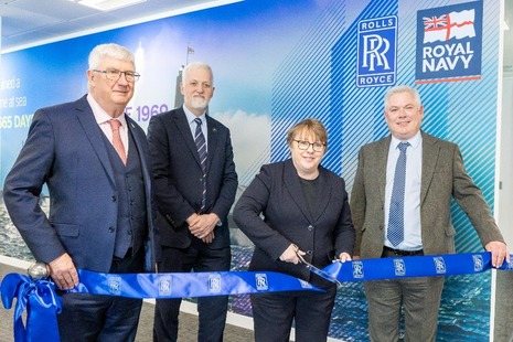 Minister for Defence Procurement and Industry, Maria Eagle MP cutting a ribbon, opening the new Glasgow Rolls-Royce nuclear submarine office.