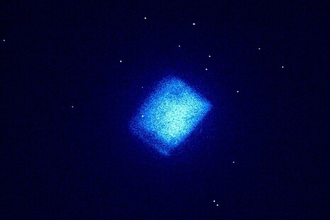 Radio luminescence captured by a low light intensity camera from a synthetic diamond carbon film made from beta-emitting carbon-14 atoms