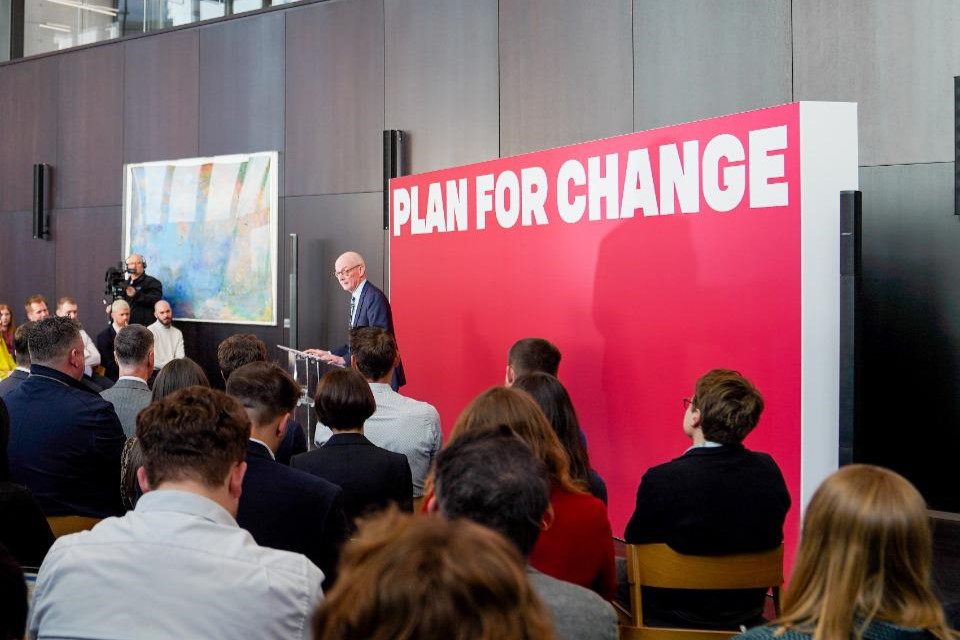 Pat McFadden speaking to an audience at the UCL East campus 