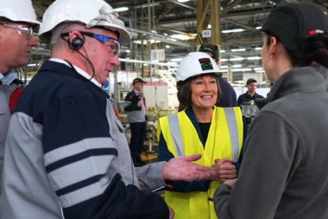 Welsh Secretary Jo Stevens meeting staff on the factory floor at Toyota on Deeside