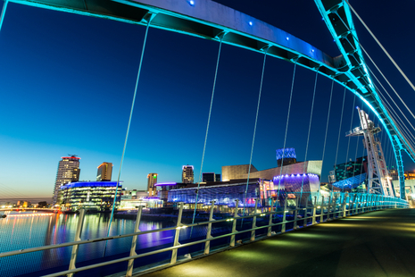 Salford quays, Manchester, at dusk with a view from the bridge