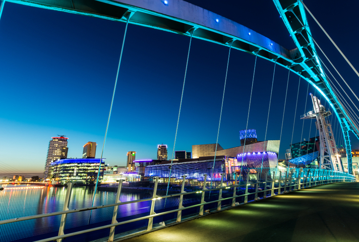 Salford quays, Manchester, at dusk with a view from the bridge