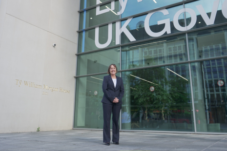 Welsh Secretary Jo Stevens outside Ty William Morgan, Cardiff