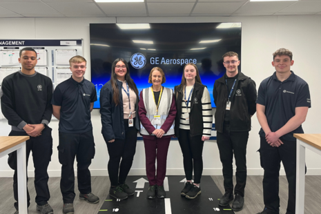 Wales Office Minister Nia Griffith MP with GE Aerospace apprentices.