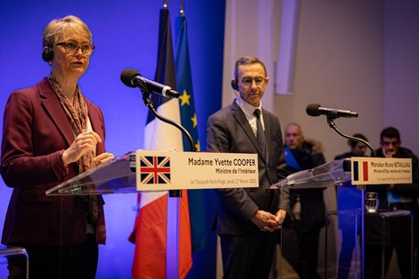 Home Secretary Yvette Cooper at a press conference with French Minister of the Interior Bruno Retailleau.