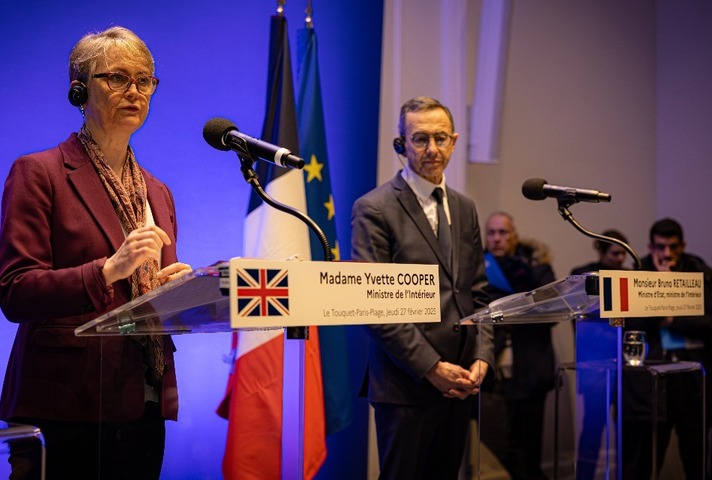 Home Secretary Yvette Cooper at a press conference with French Minister of the Interior Bruno Retailleau.