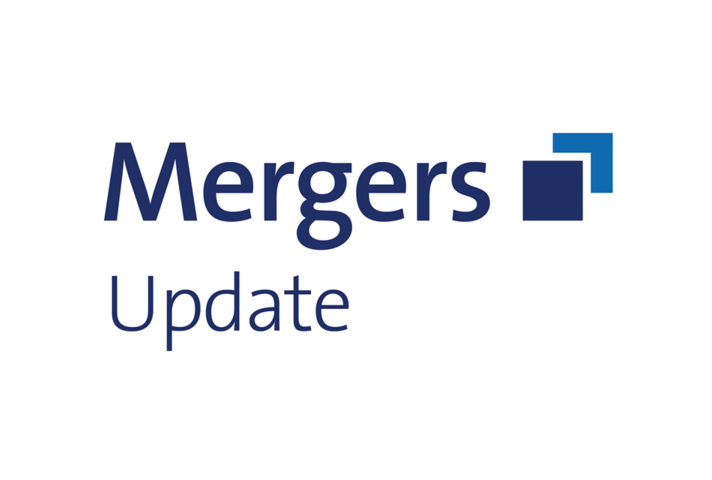 Blue text on a white background, text reads 'Mergers update'