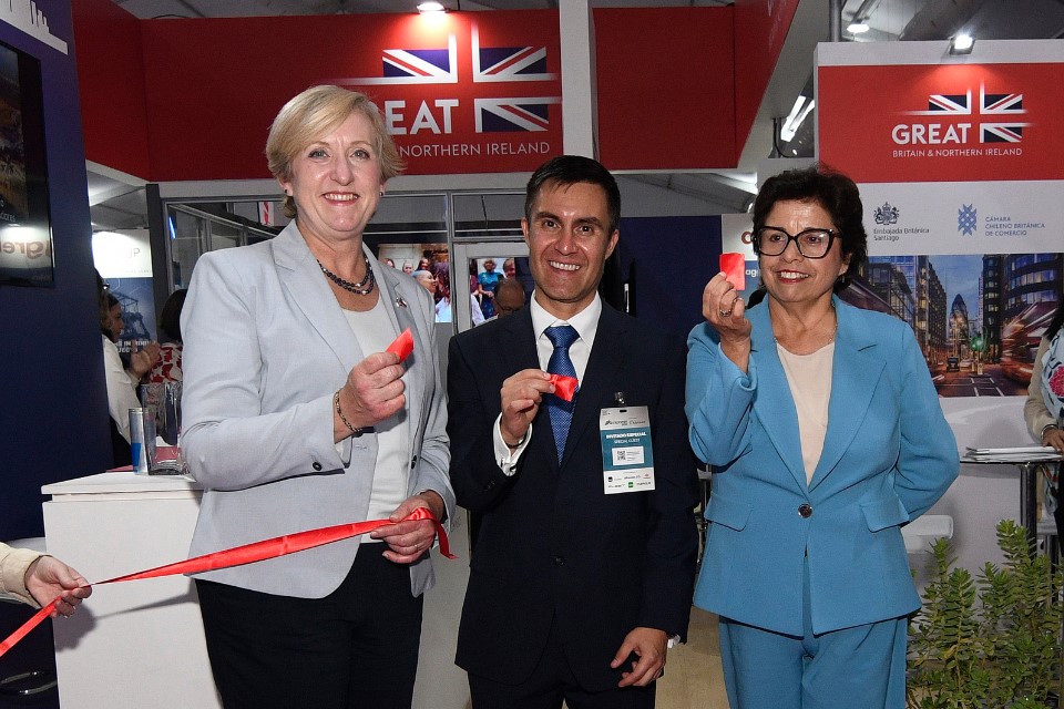 Ambassador Louise de Sousa, Executive Chairman of Anglo American Chile, Patricio Hidalgo, and Minister of Mining, Aurora Williams at the UK GREAT Zone ribbon cutting ceremony