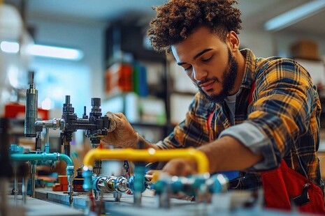 Young apprentice plumber working