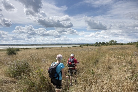 Photograph of 2 hikers walking through a field of long grass, with a band of water to their left.