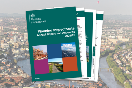 Pages of the Planning Inspectorate Annual Report and Accounts displayed over an urban aerial view