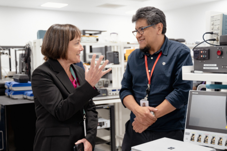 Welsh Secretary Jo Stevens talking with an employee at CSA Catapult, Newport