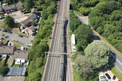 The derailed train at Denbigh Hall South Junction (image courtesy of Network Rail).