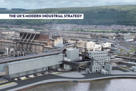 Aerial view of Port Talbot with the words 'The UK's Modern Industrial Strategy'