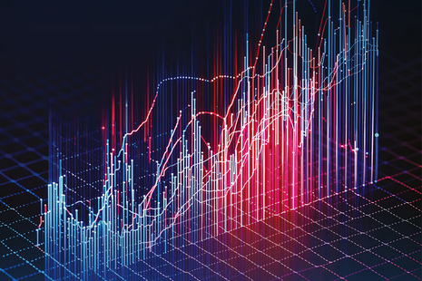 Futuristic 3D barchart in glowing blue and red