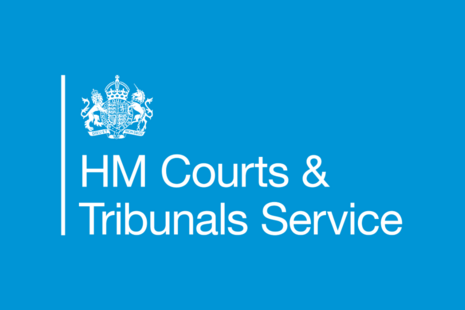 Logo of HM Courts & Tribunals Service on a blue background, featuring a white emblem with a crown, coat of arms adorned by a lion and a unicorn. Below the coat of arms the text 'HM Courts & Tribunals Service' can be seen in white.
