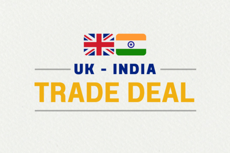 A white graphic that has the flags of the United Kingdom and India. There is text that says UK - India trade deal