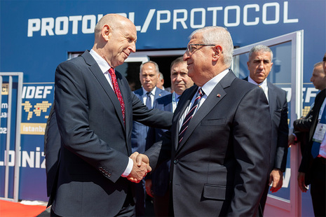 Defence Secretary John Healey and Türkiye Defence Minister Yaşar Güler at the International Defence Industry Fair in Istanbul. 