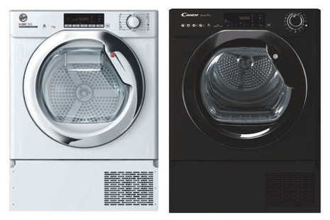 Two sample Hoover and Candy heat pump tumble dryers covered by the stop warning.