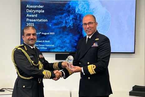 Rear Admiral Angus Essenhigh presenting Captain (Aqeed) Ahmed Al Badi with the 2025 Alexander Dalrymple Award