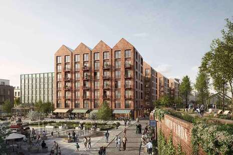 A CGI of a marketplace and housing development 