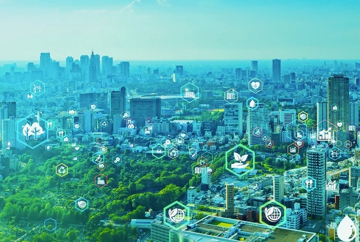 Cityscape with green tech icons above. Credit: iStock Photo