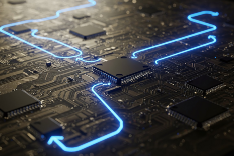 Advanced circuit board with glowing data pathways and microchip