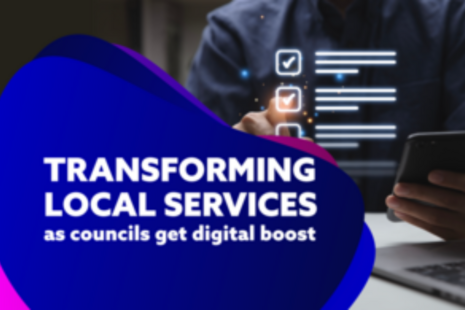 A person sits in front of a laptop holding a mobile phone, and text reads "Transforming local services as councils get digital boost"