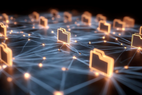 Illuminated models of folders linked by strings of lights