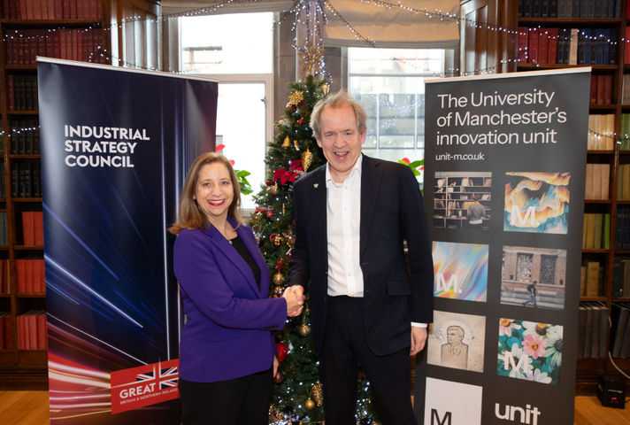 Industrial Strategy Advisory Council Chair, Dame Clare Barclay, with University of Manchester President and Vice Chancellor, Duncan Ivison, at the partnership launch event at Christie’s Bistro in the old Science Library of Owens College.