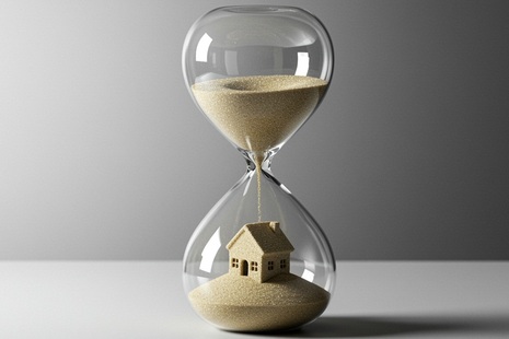 Image of a house appearing in sand in an hour glass