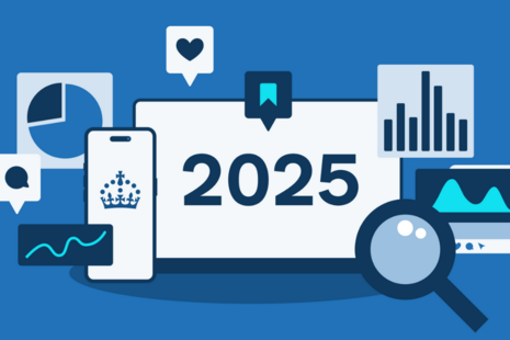 A computer screen showing the numerals 2025, with a phone screen displaying the GOV.UK crown, graphs, social media engagement icons and a magnifying glass against a blue background.